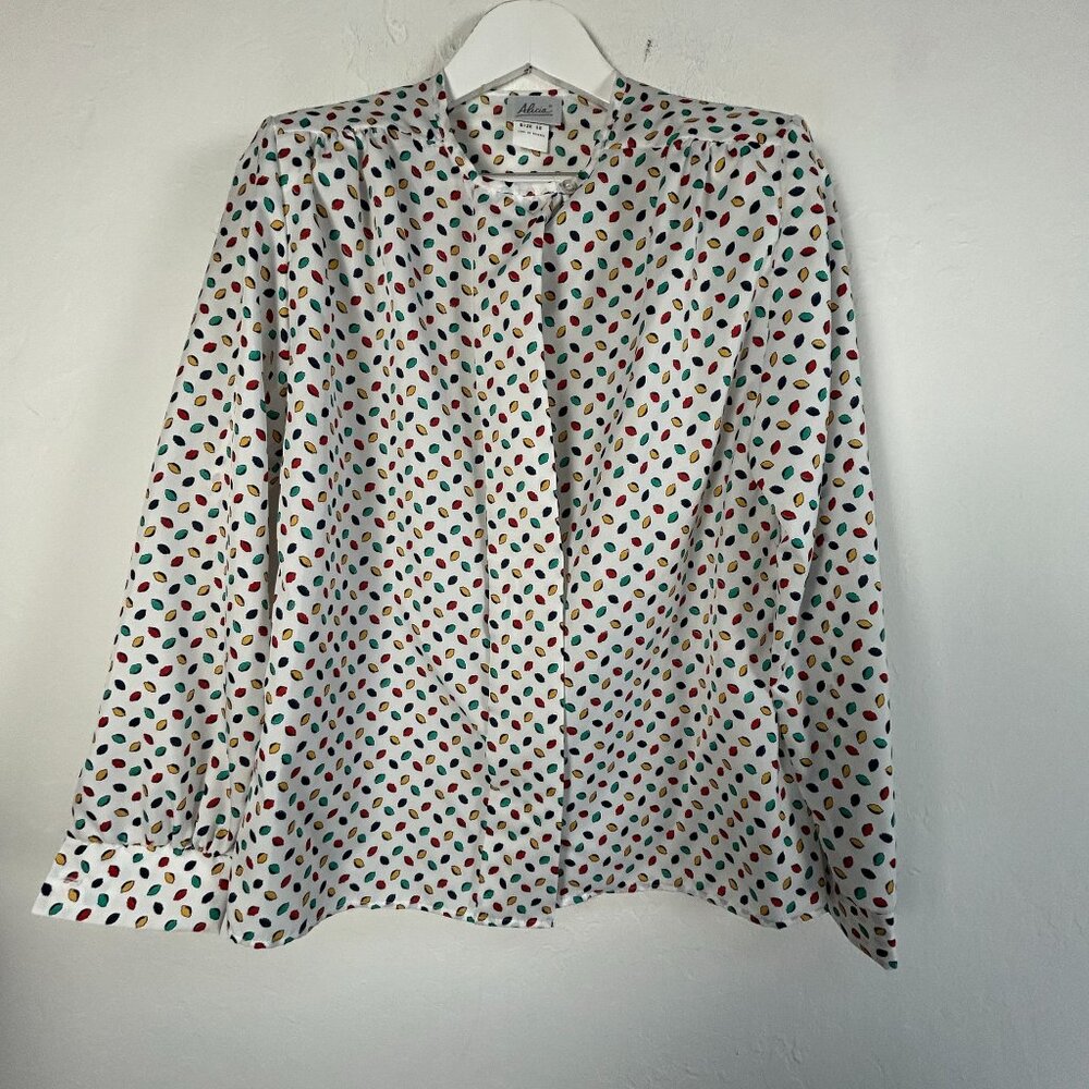 Vintage Alicia Womens Long-Sleeve Dot Print Button Up Blouse 14 White Multi NWOT